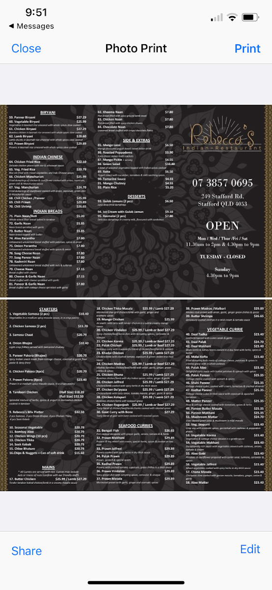 Menu, Rebeccas Indian Restaurant