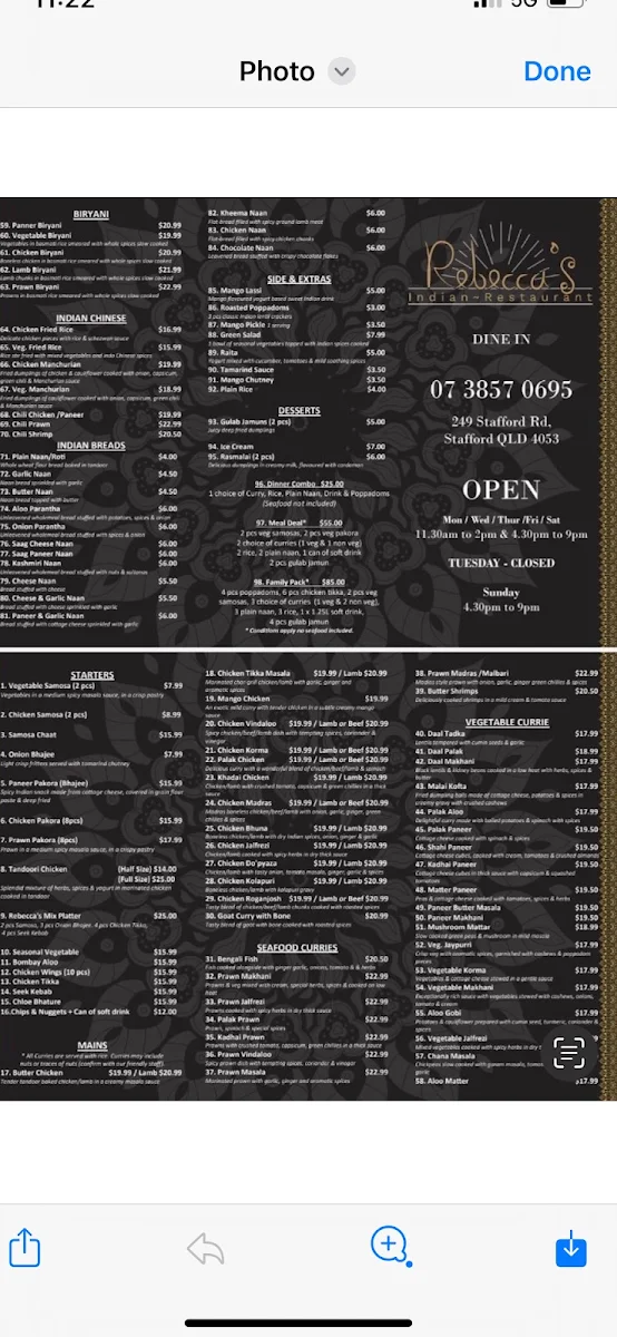 Menu, Rebeccas Indian Restaurant