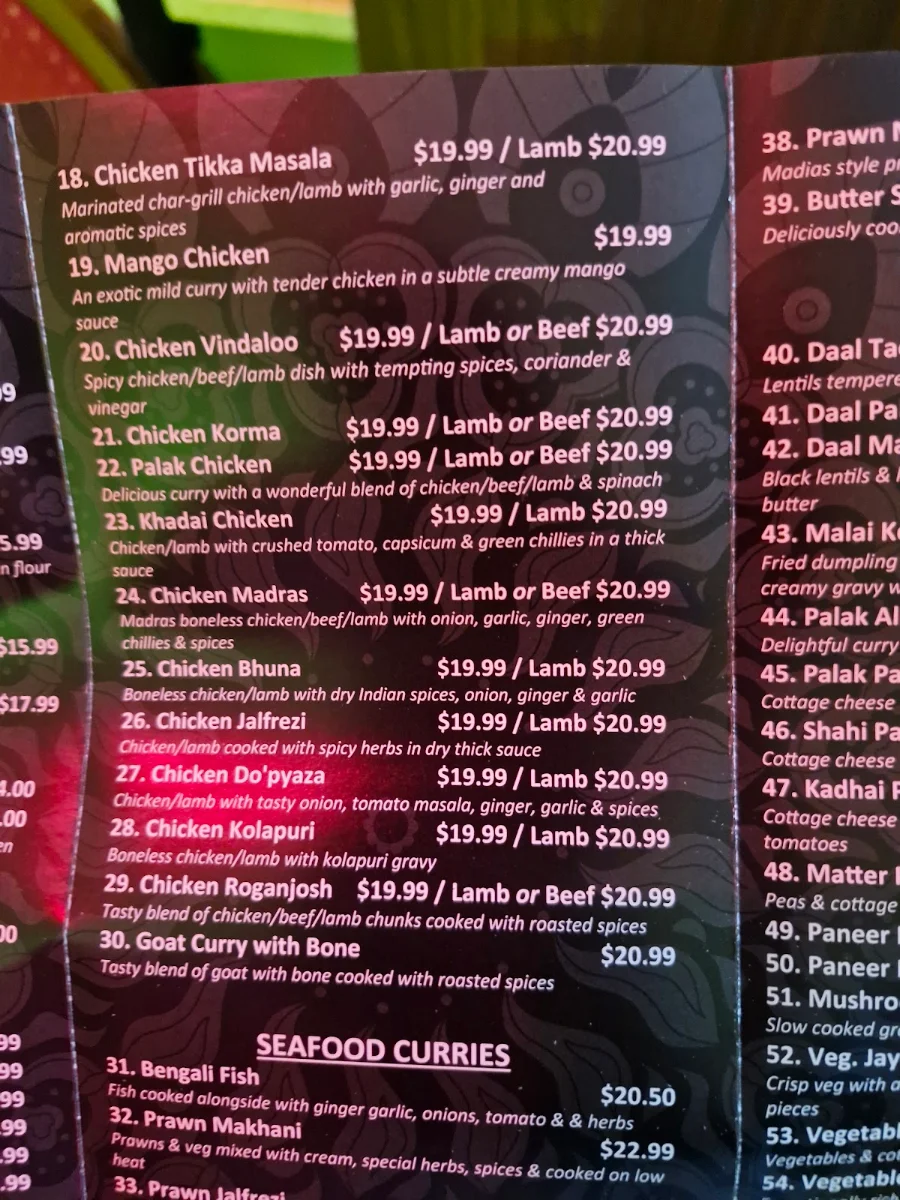 Menu, Rebeccas Indian Restaurant