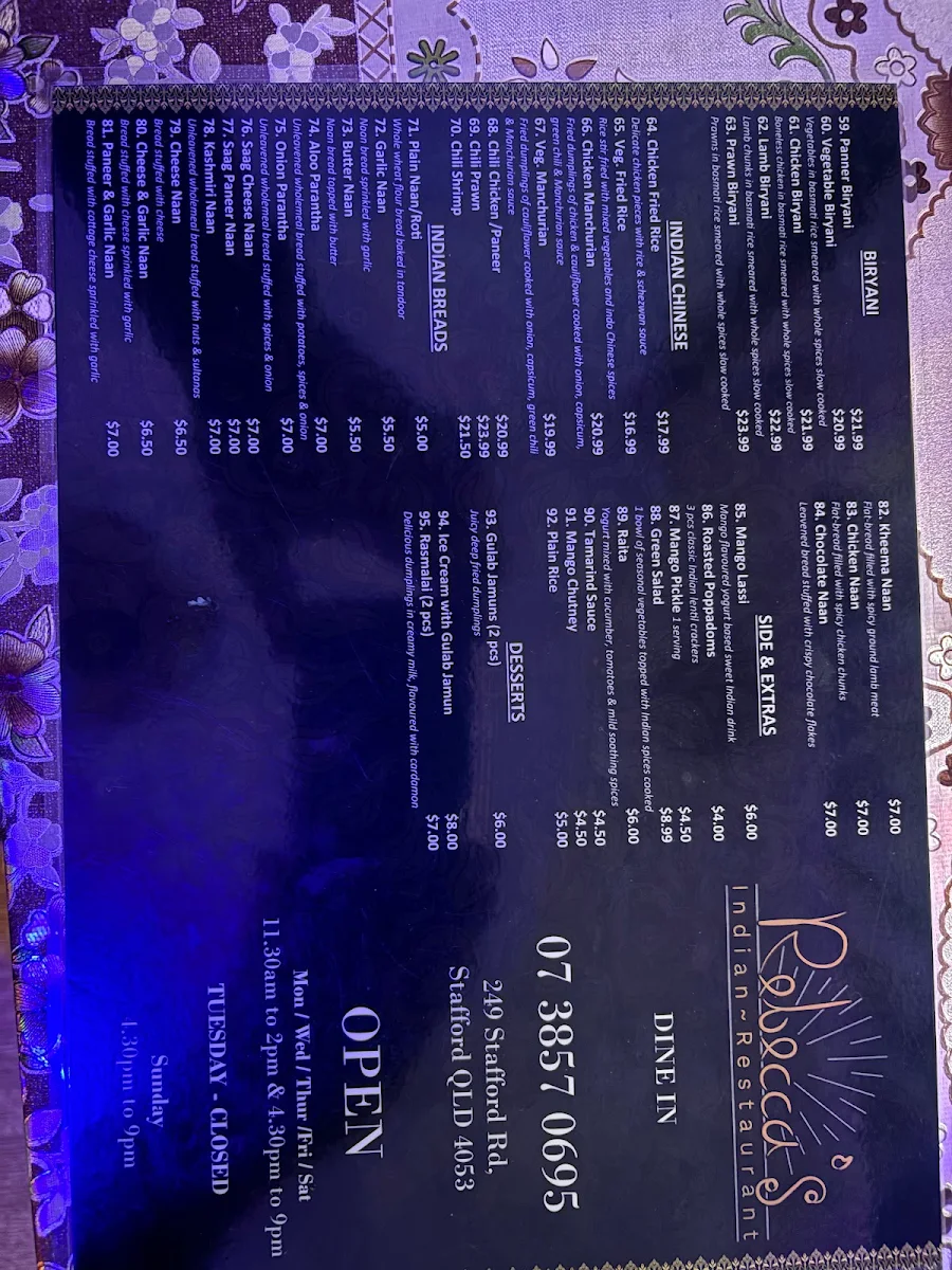 Menu, Rebeccas Indian Restaurant
