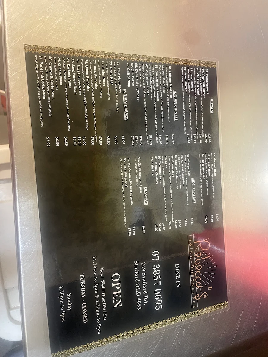 Menu, Rebeccas Indian Restaurant