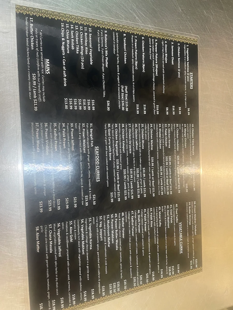 Menu, Rebeccas Indian Restaurant