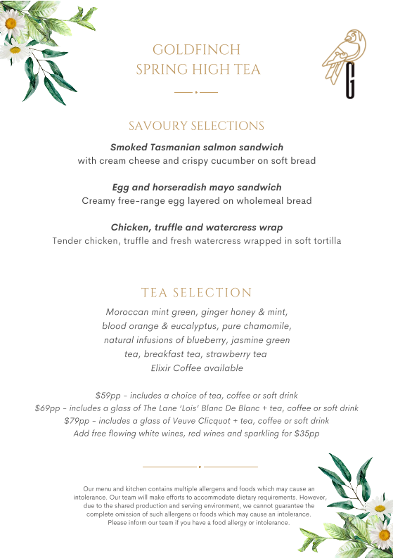 Menu, Goldfinch Restaurant and Street Cafe