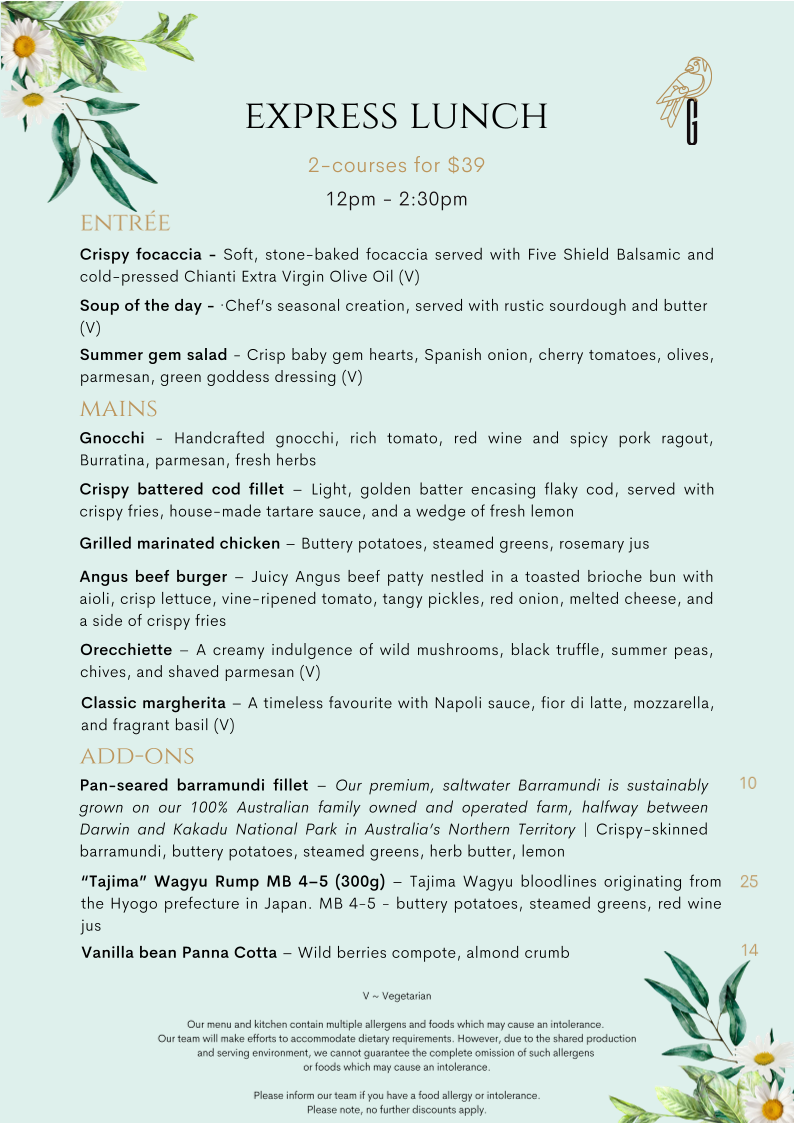Menu, Goldfinch Restaurant and Street Cafe
