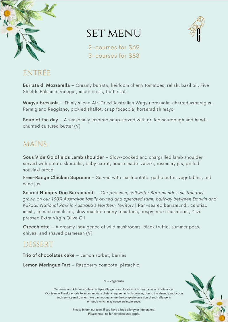 Menu, Goldfinch Restaurant and Street Cafe