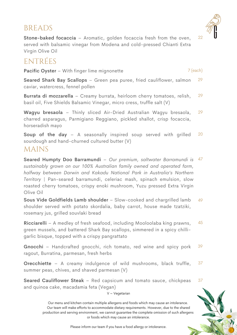 Menu, Goldfinch Restaurant and Street Cafe