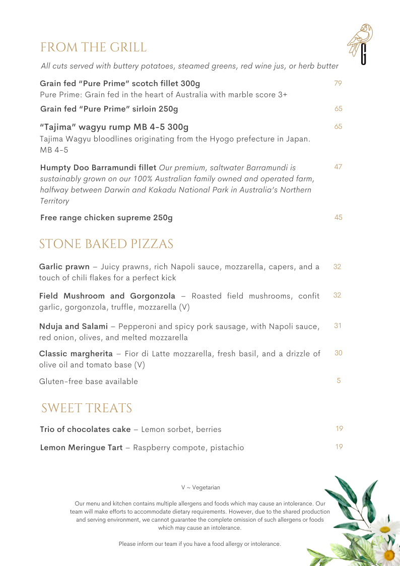 Menu, Goldfinch Restaurant and Street Cafe