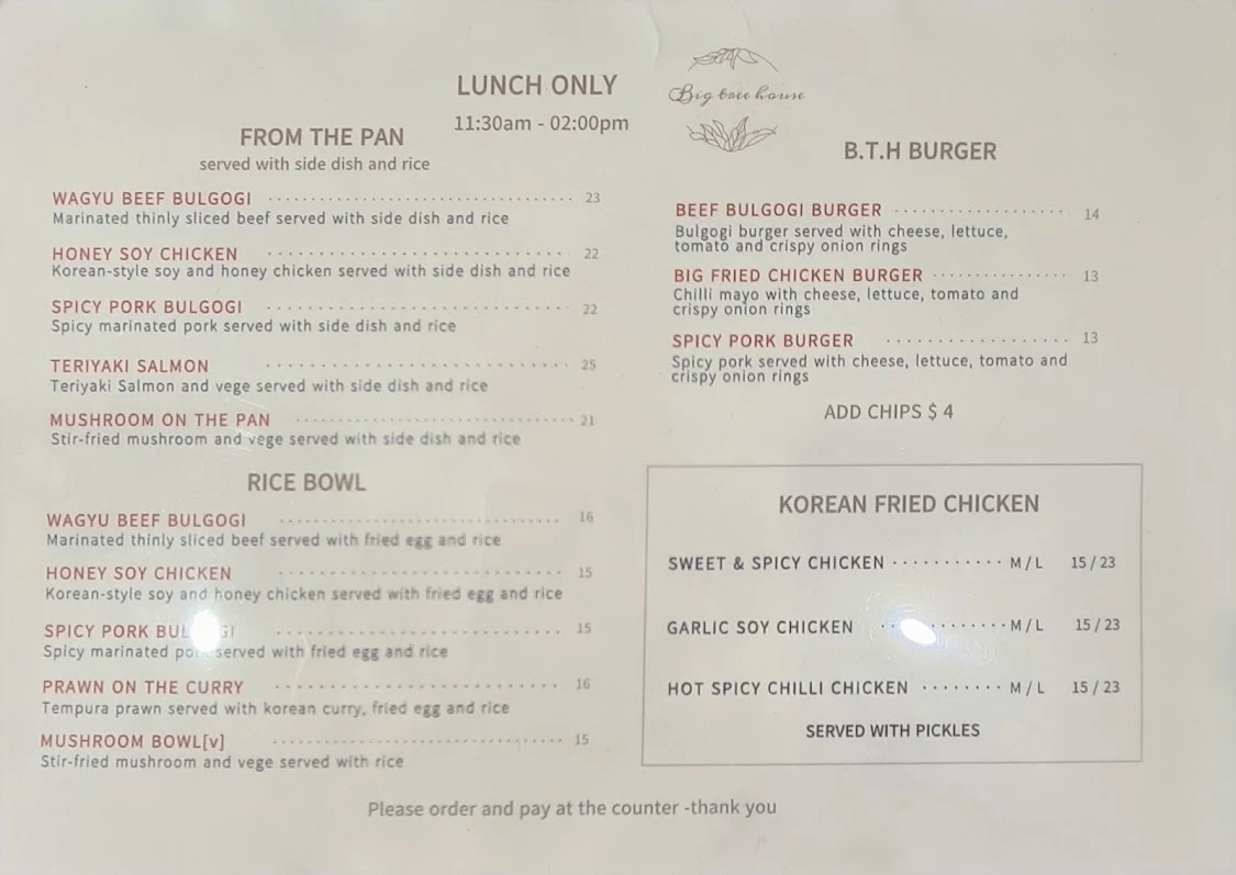 Menu, Big Tree House Cafe