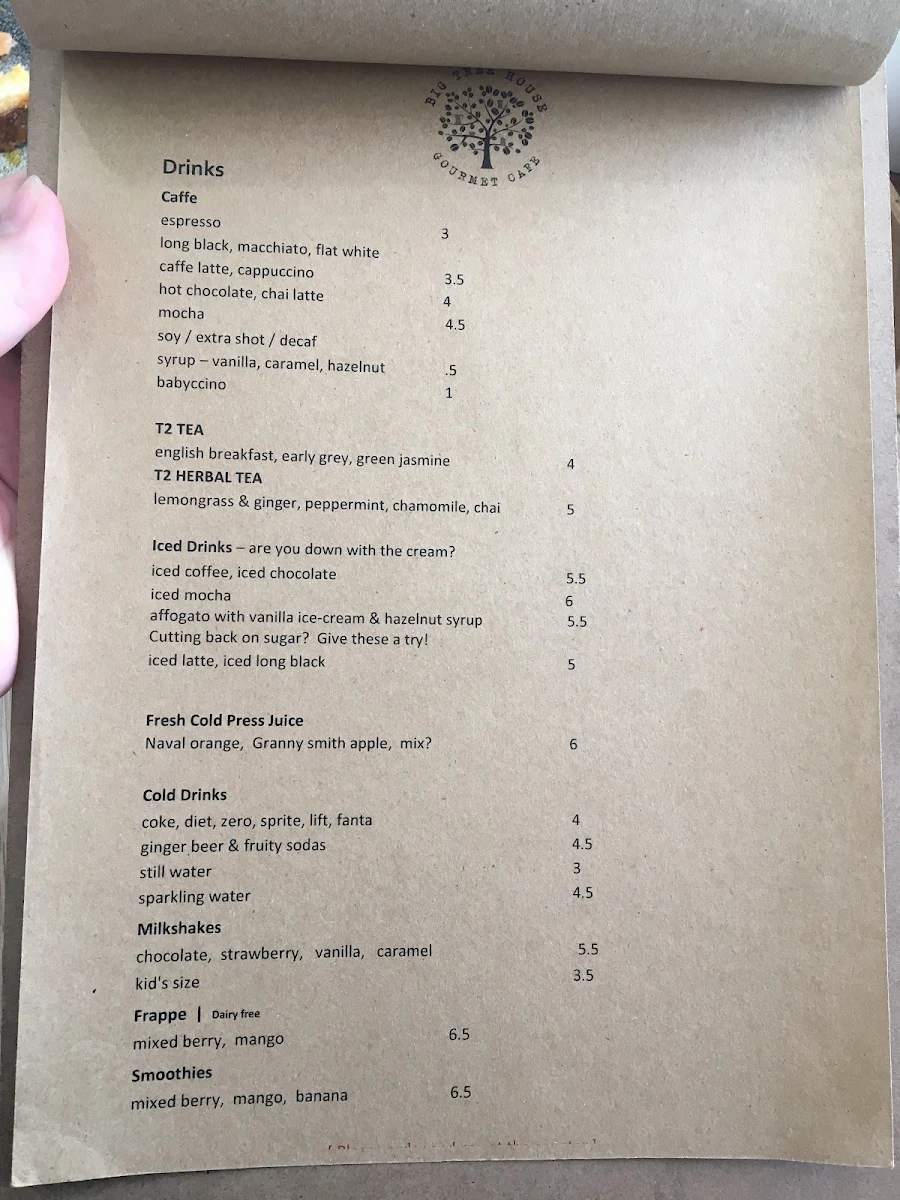 Menu, Big Tree House Cafe