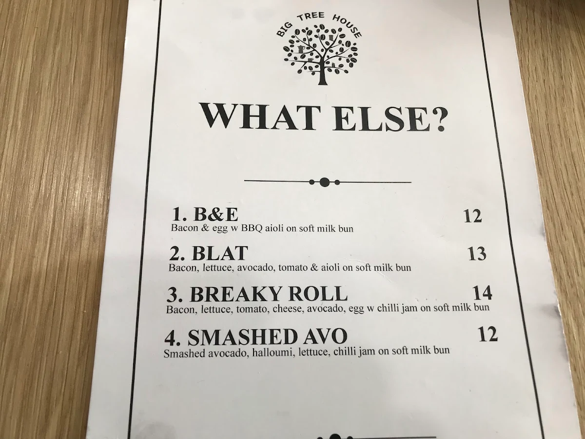 Menu, Big Tree House Cafe