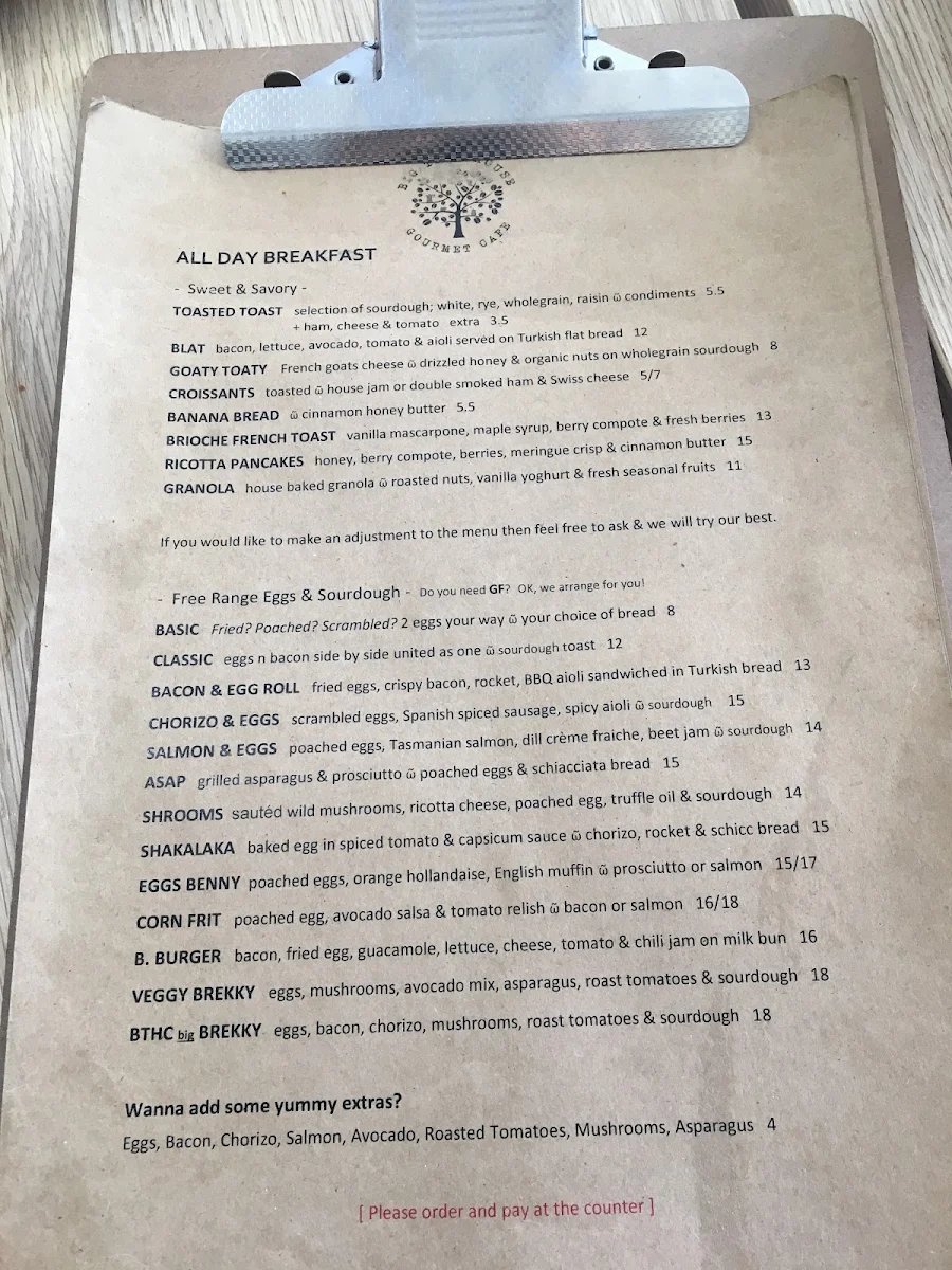 Menu, Big Tree House Cafe
