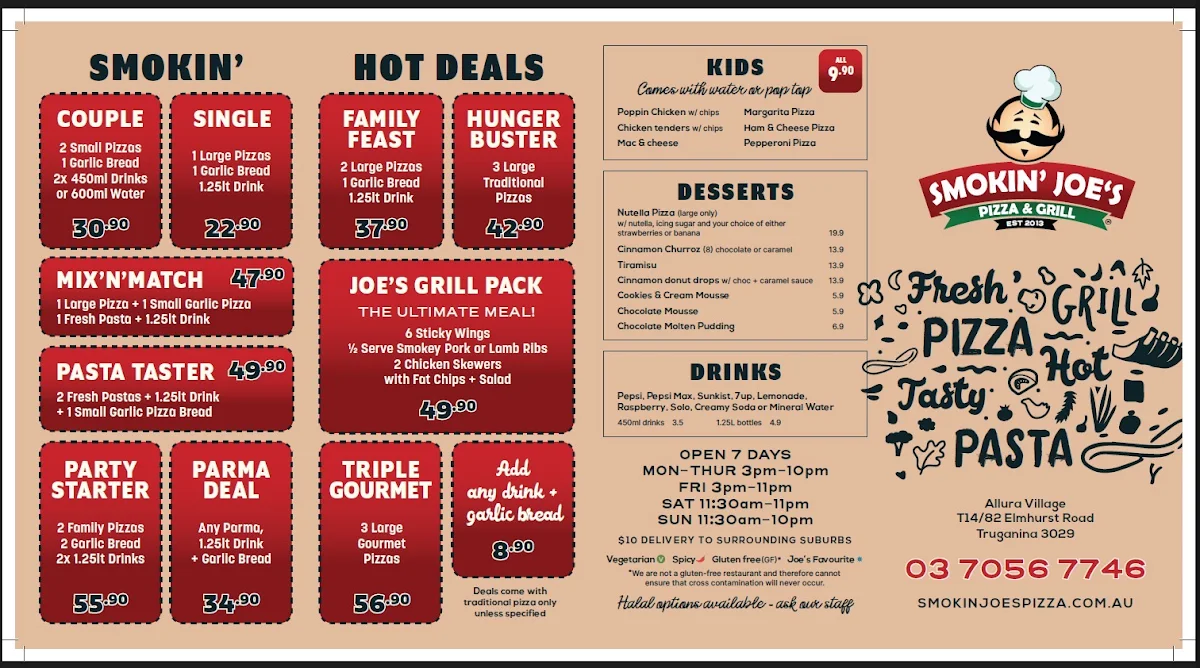 Menu, Smokin Joe's Pizza & Grill - Truganina