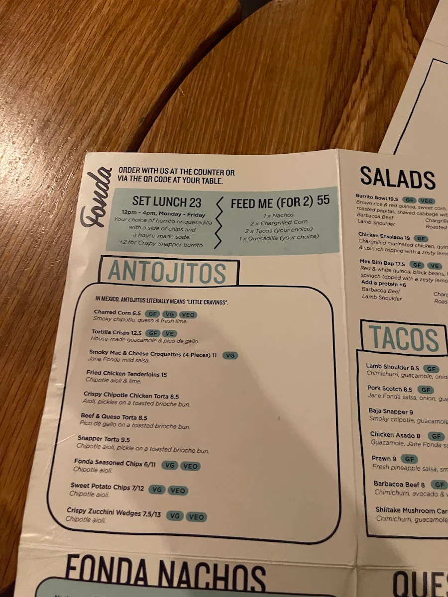Menu, Fonda Mexican