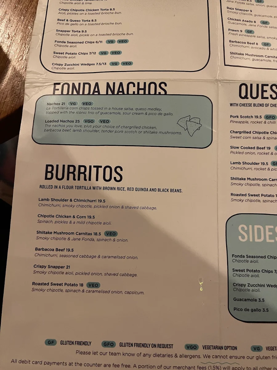 Menu, Fonda Mexican