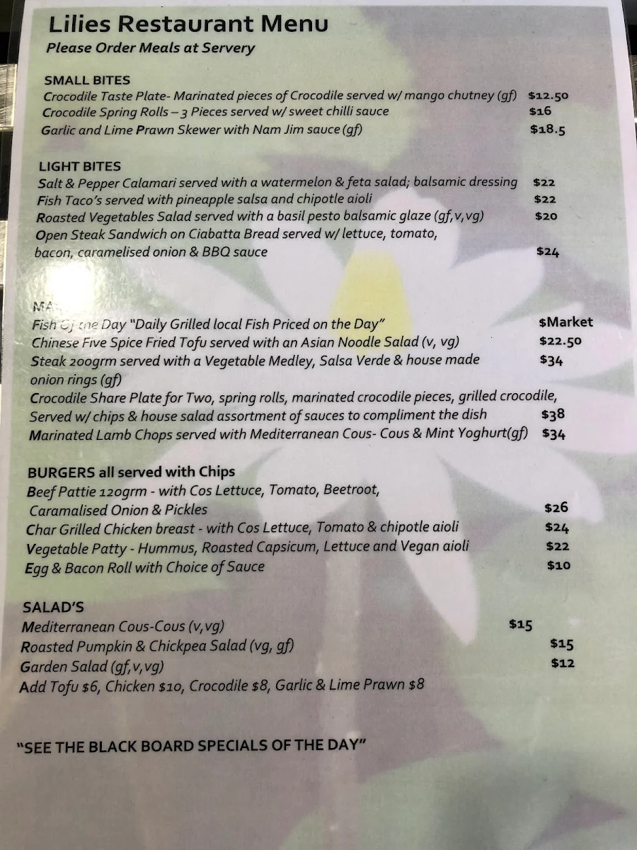 Menu, Lilies Restaurant