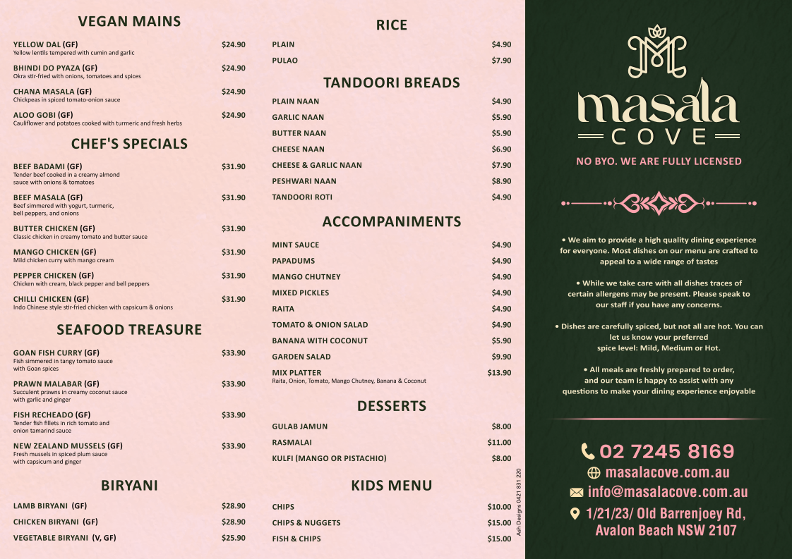 Menu, Masala Cove | Modern Indian Family Restaurant Avalon Beach