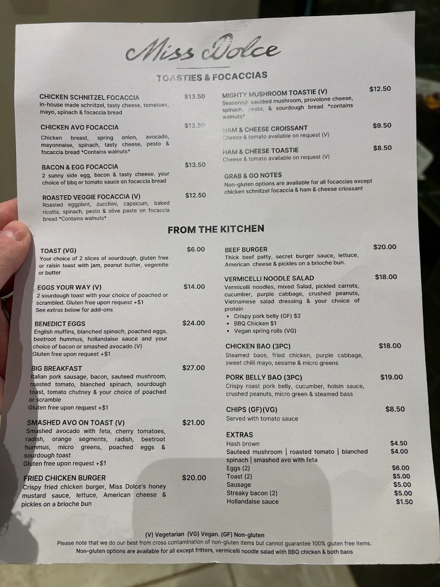 Menu, Miss Dolce Cafe