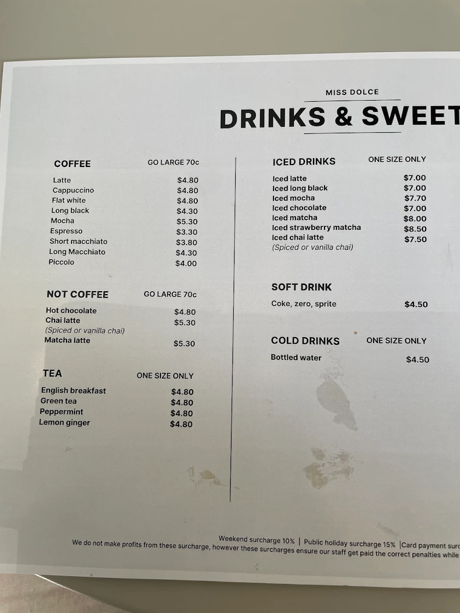 Menu, Miss Dolce Cafe