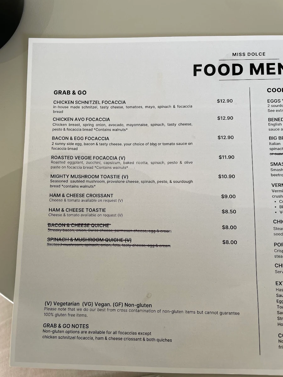 Menu, Miss Dolce Cafe