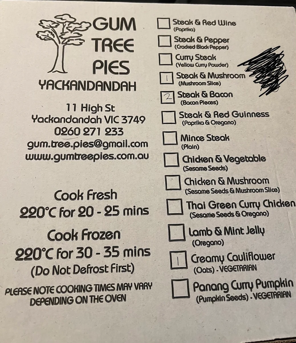 Menu, Gum Tree Pies Bright