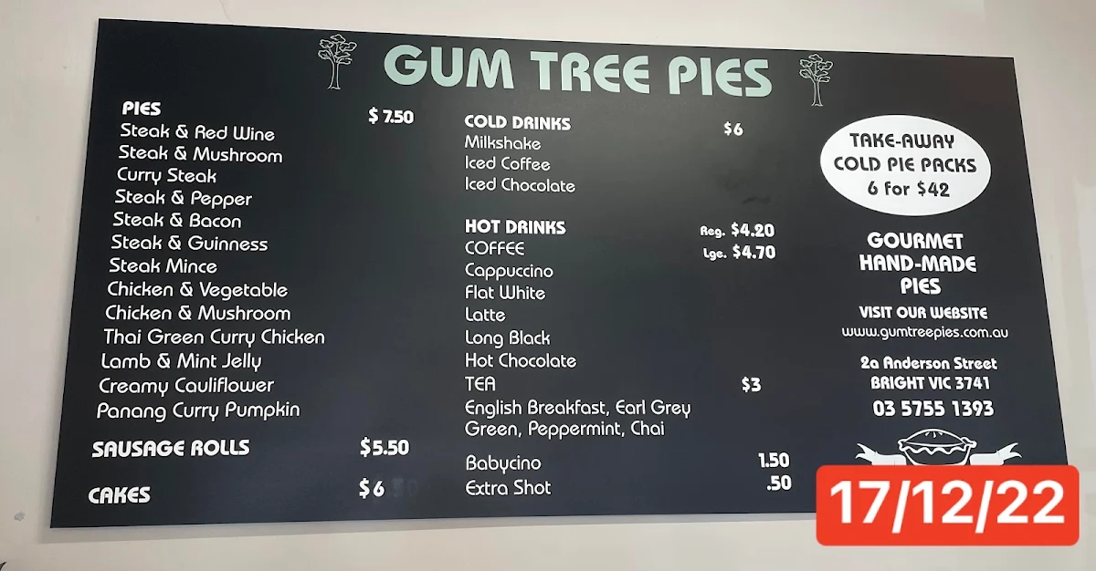 Menu, Gum Tree Pies Bright