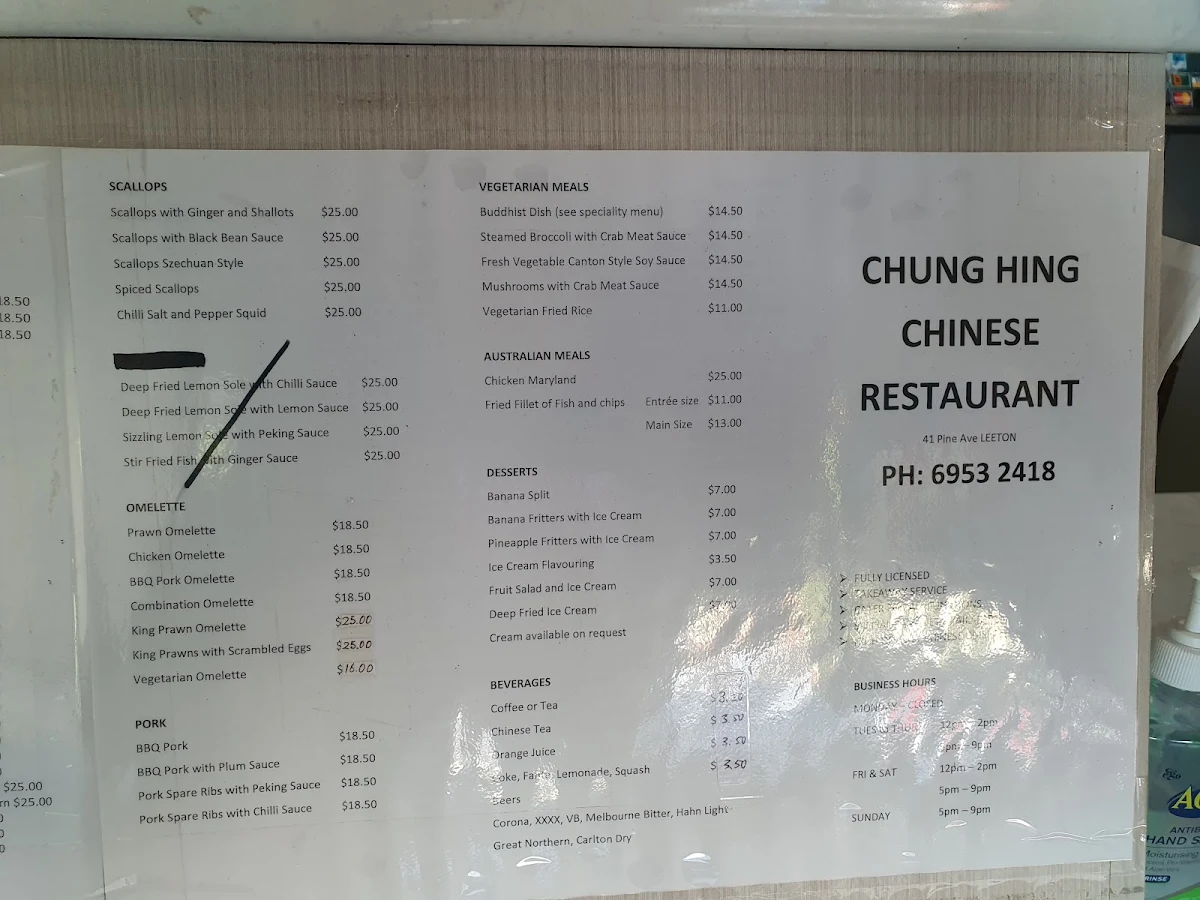 Menu, Chung Hing Restaurant