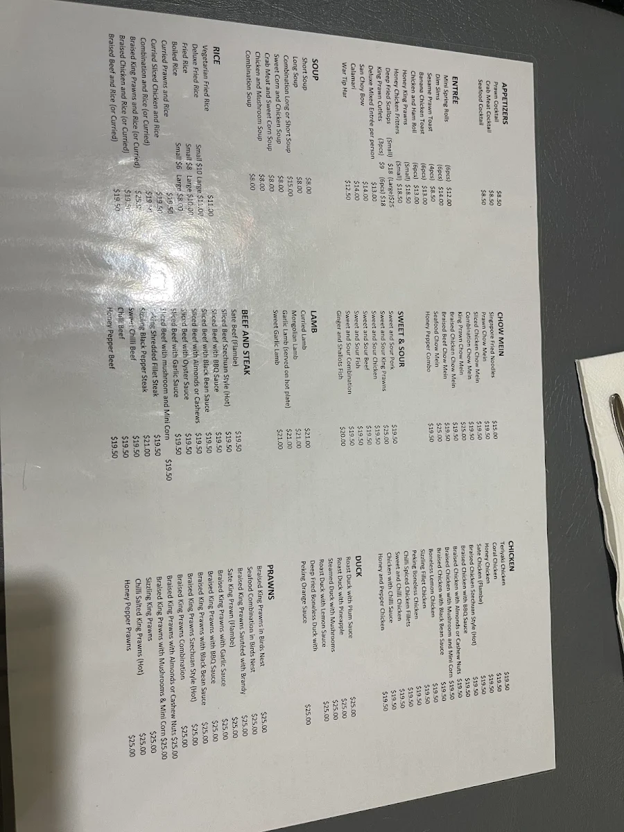 Menu, Chung Hing Restaurant
