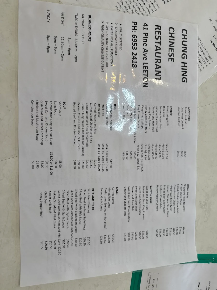 Menu, Chung Hing Restaurant