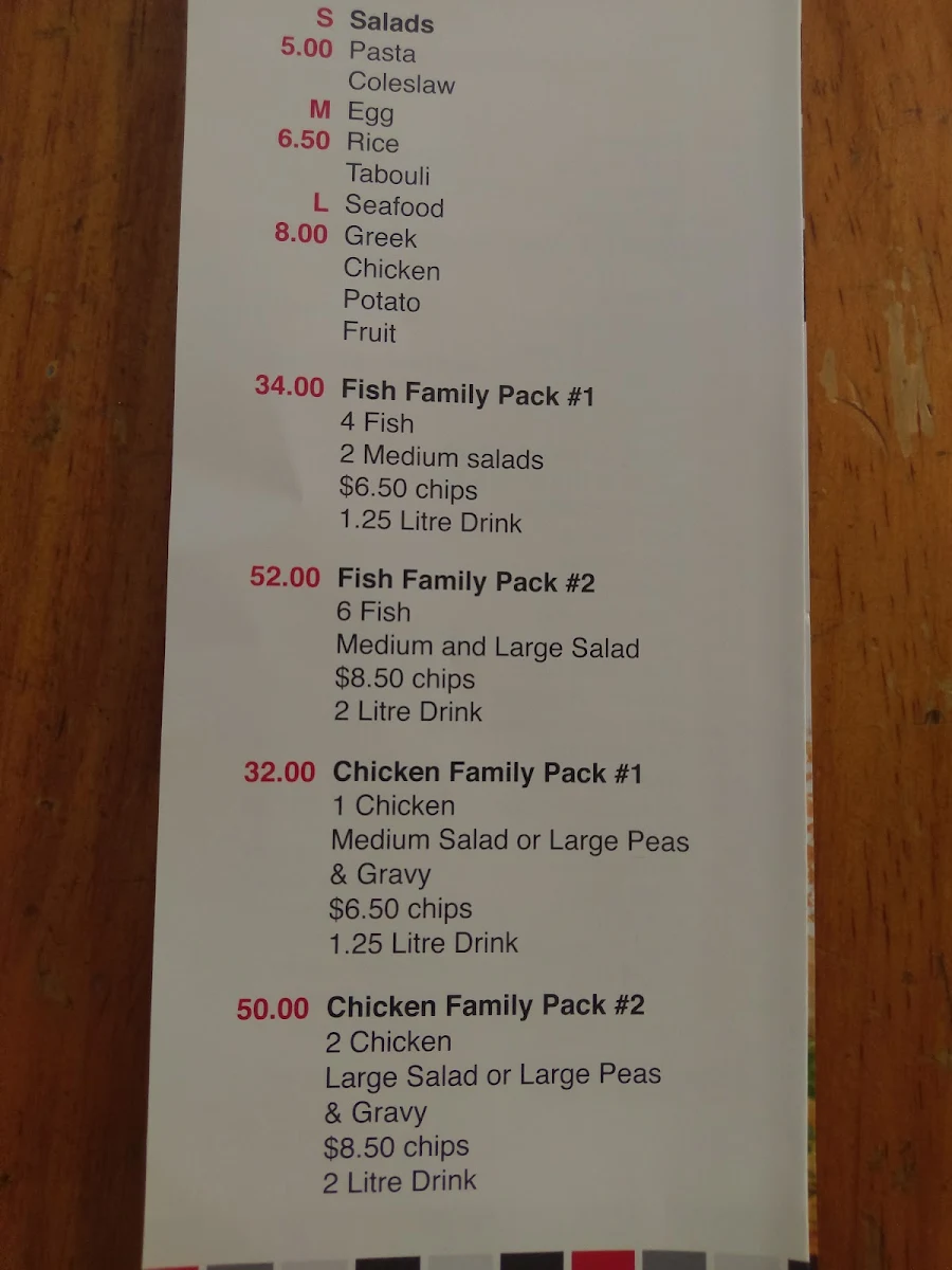 Menu, Fairview Chicken & Seafood