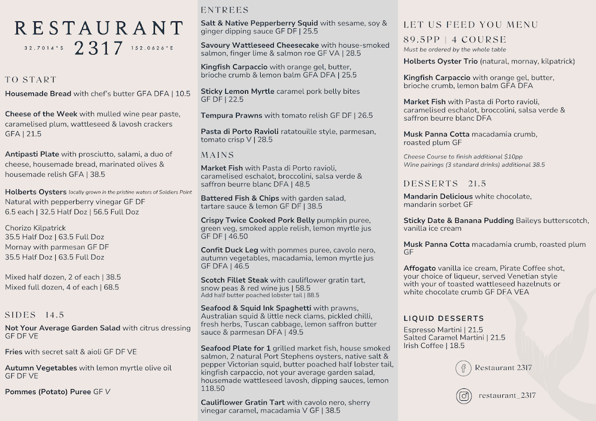Menu, Restaurant 2317