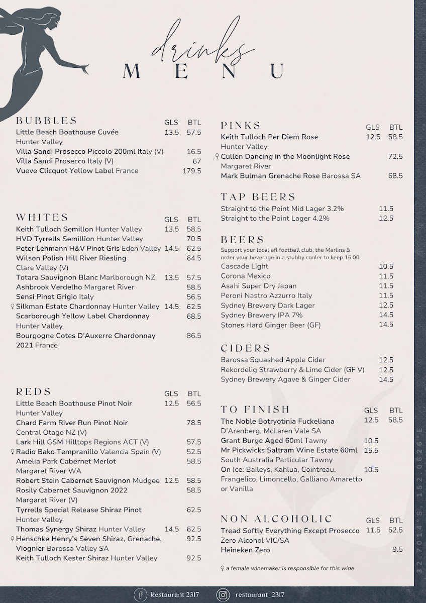 Menu, Restaurant 2317