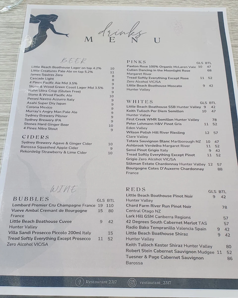 Menu, Restaurant 2317