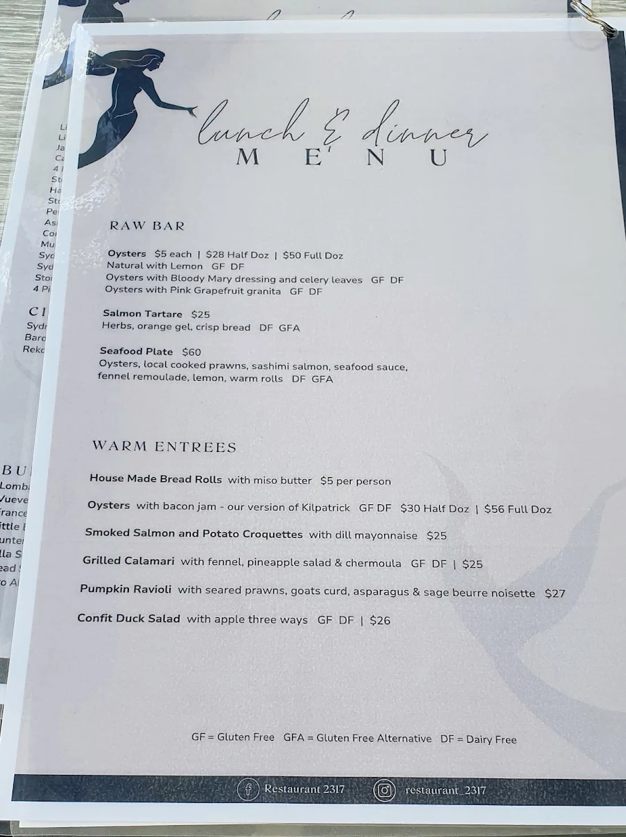 Menu, Restaurant 2317