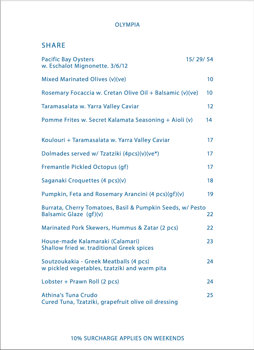 Menu, Olympia