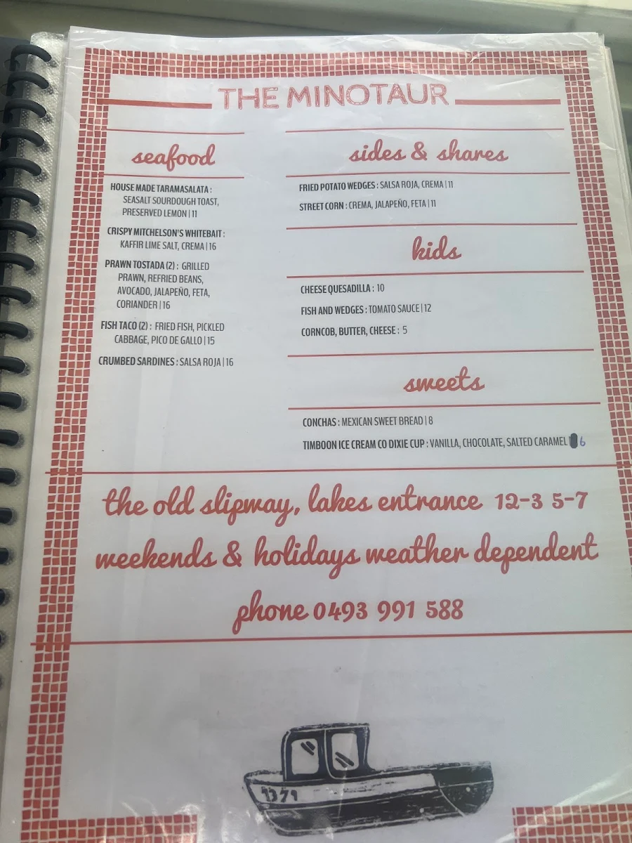 Menu, The Minotaur Lakes Entrance