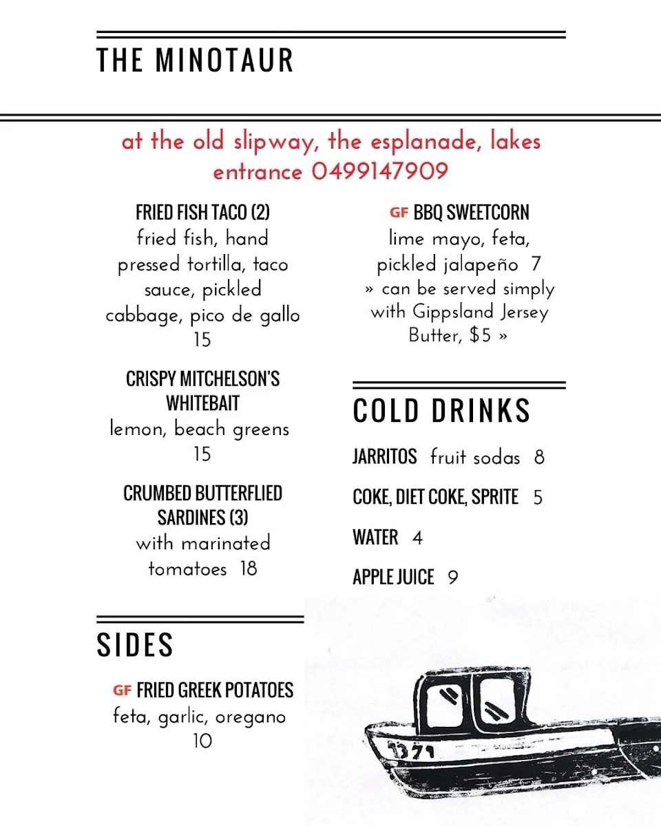 Menu, The Minotaur Lakes Entrance