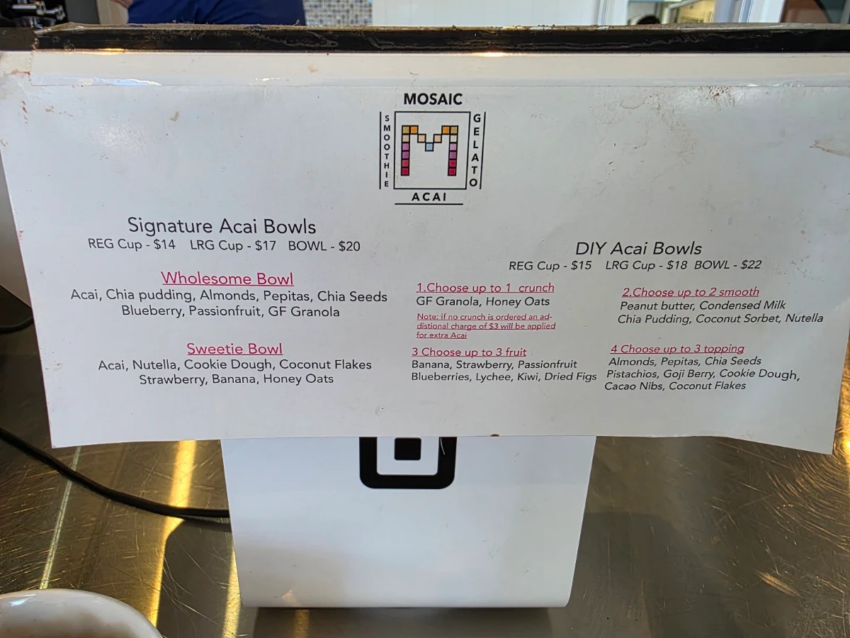 Menu, Mosaic Acai & Gelato Kingscliff