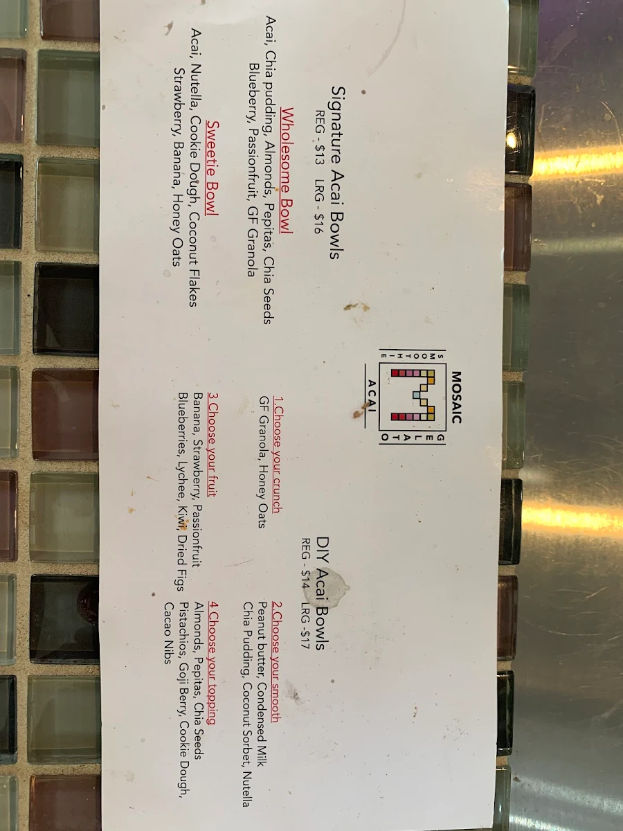 Menu, Mosaic Acai & Gelato Kingscliff