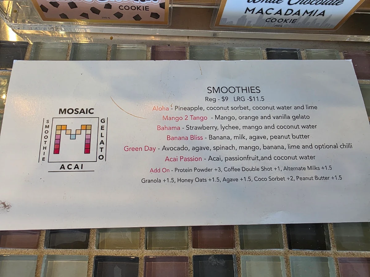 Menu, Mosaic Acai & Gelato Kingscliff