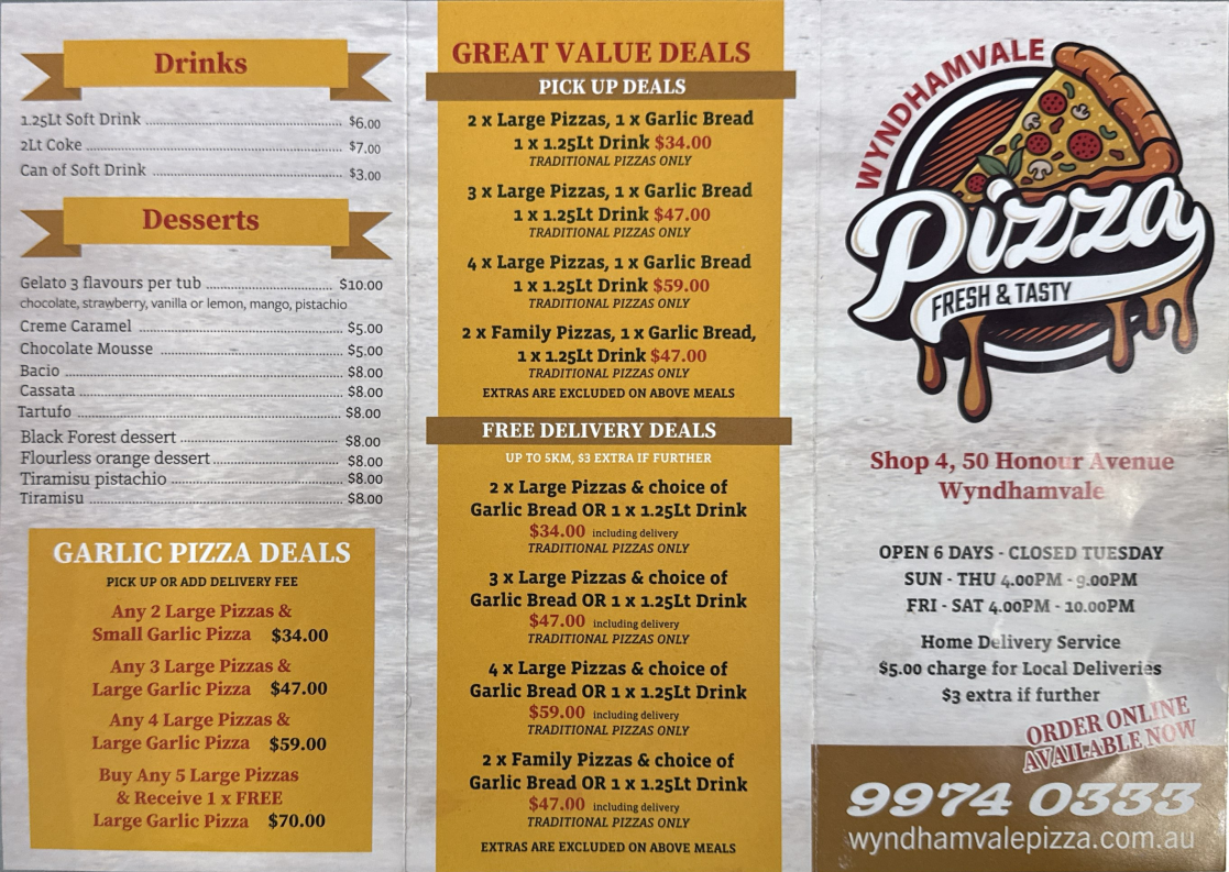 Menu, Wyndham Vale Pizza & Pasta