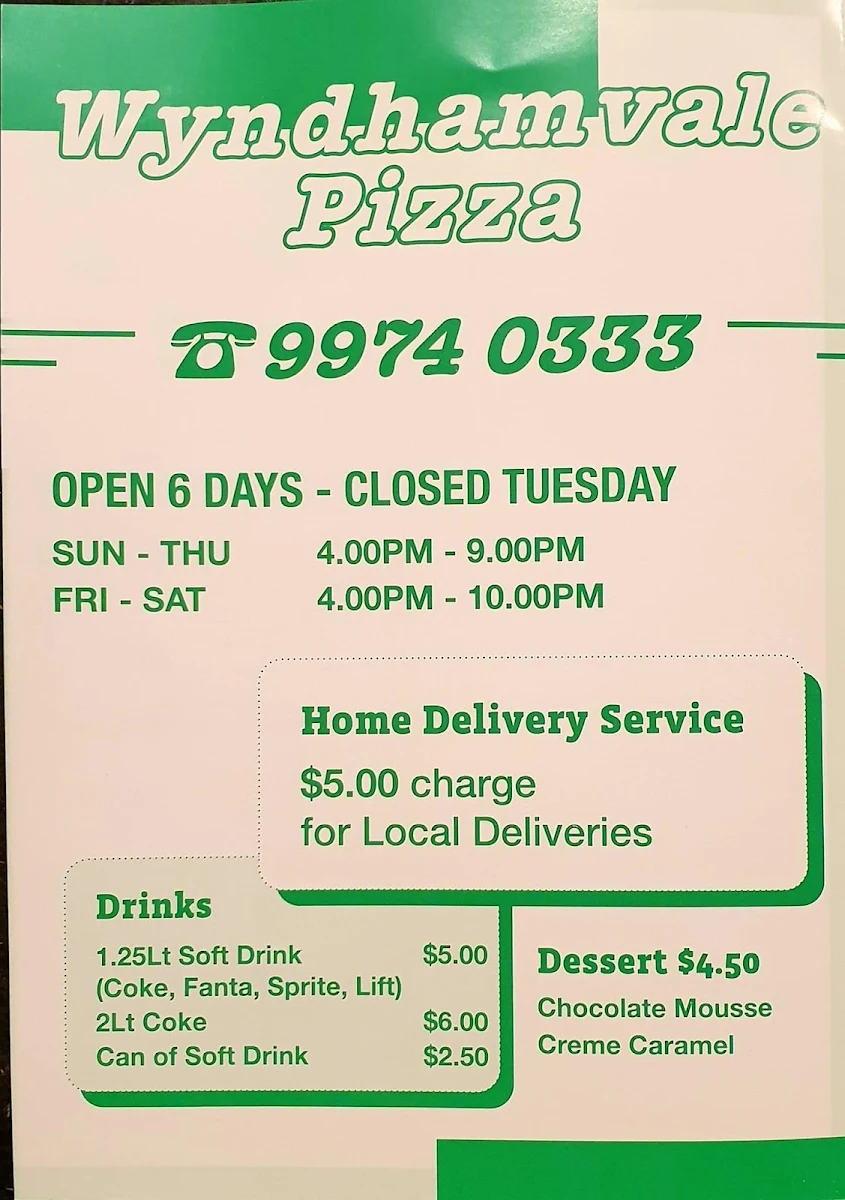 Menu, Wyndham Vale Pizza & Pasta