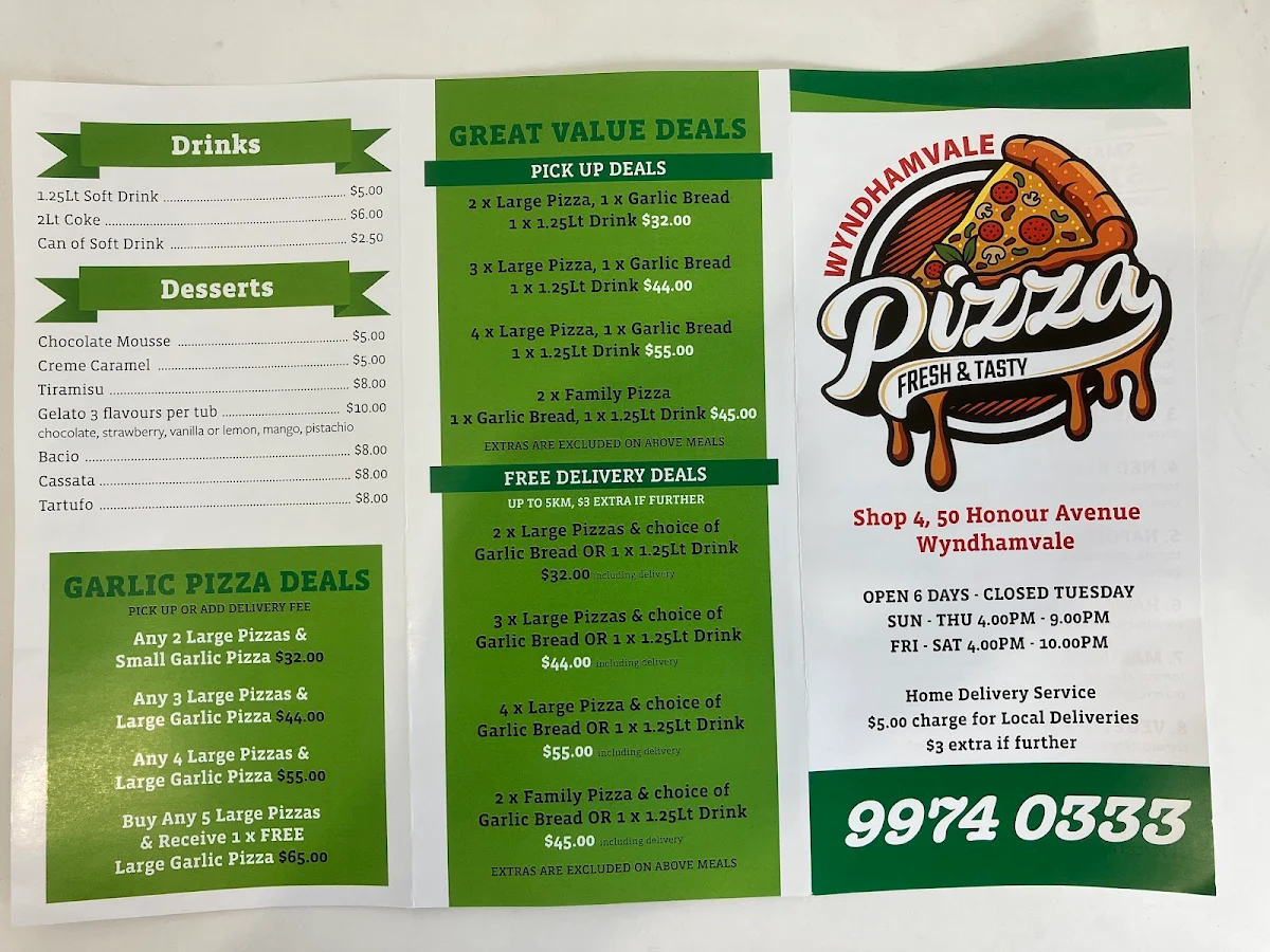 Menu, Wyndham Vale Pizza & Pasta