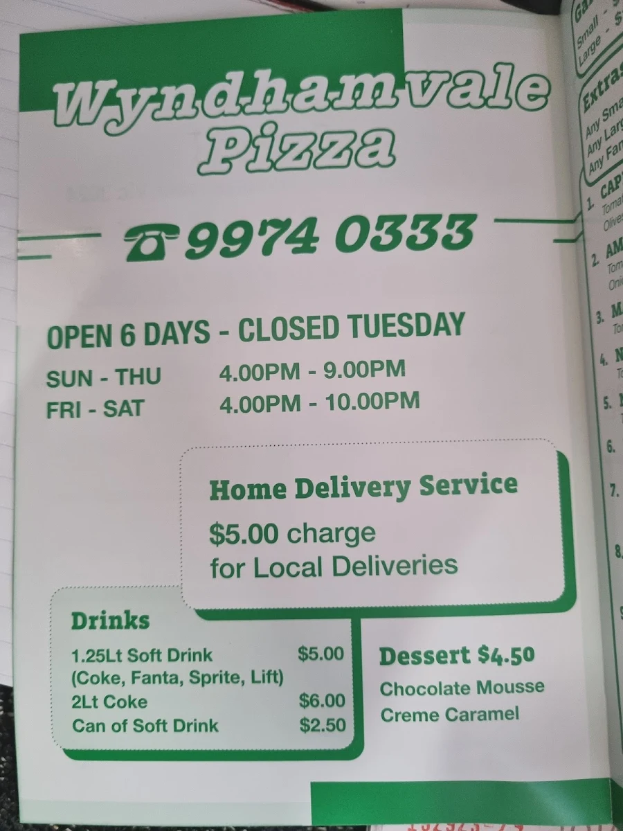 Menu, Wyndham Vale Pizza & Pasta