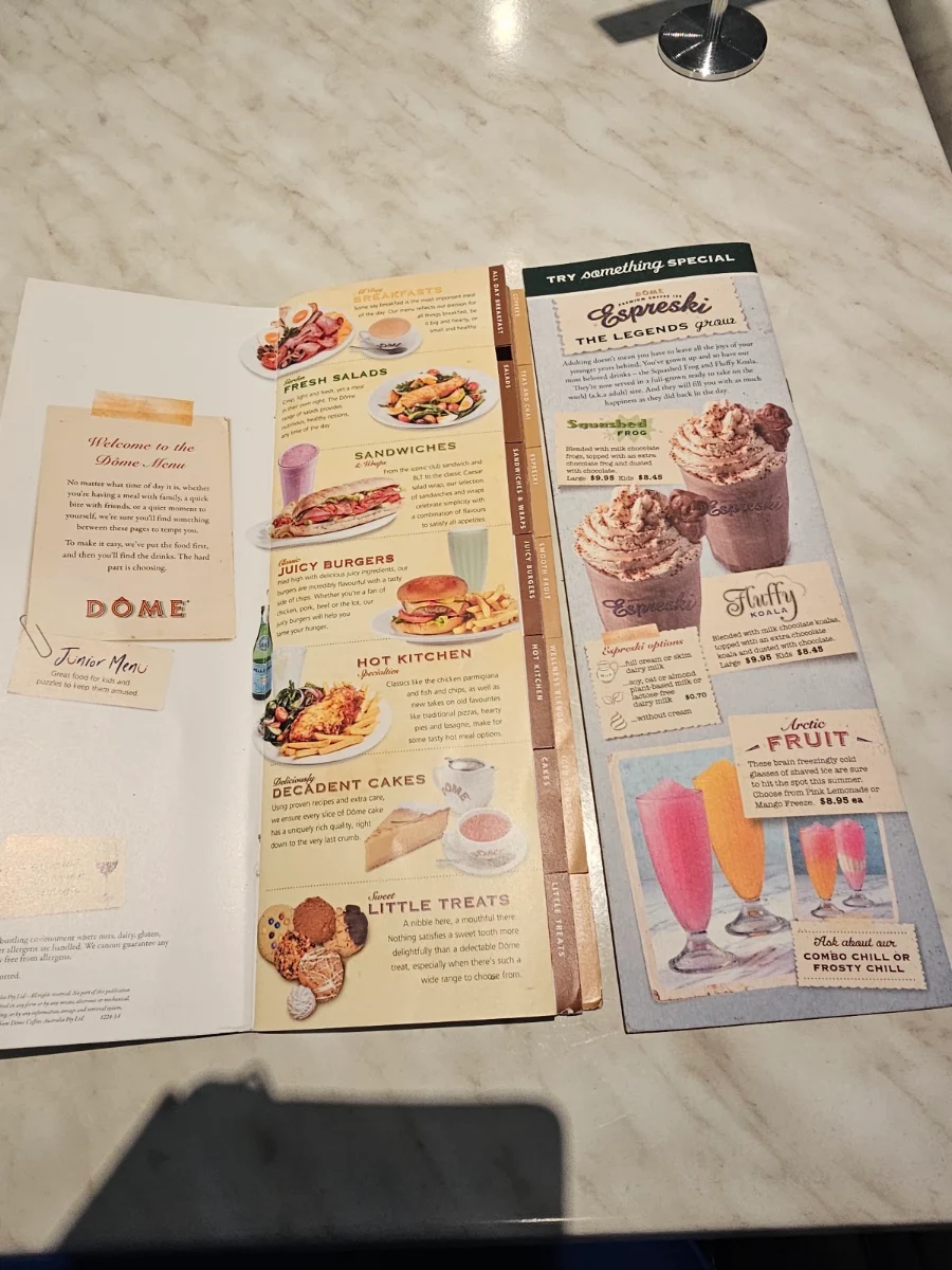 Menu, Dôme Café - Mirrabooka