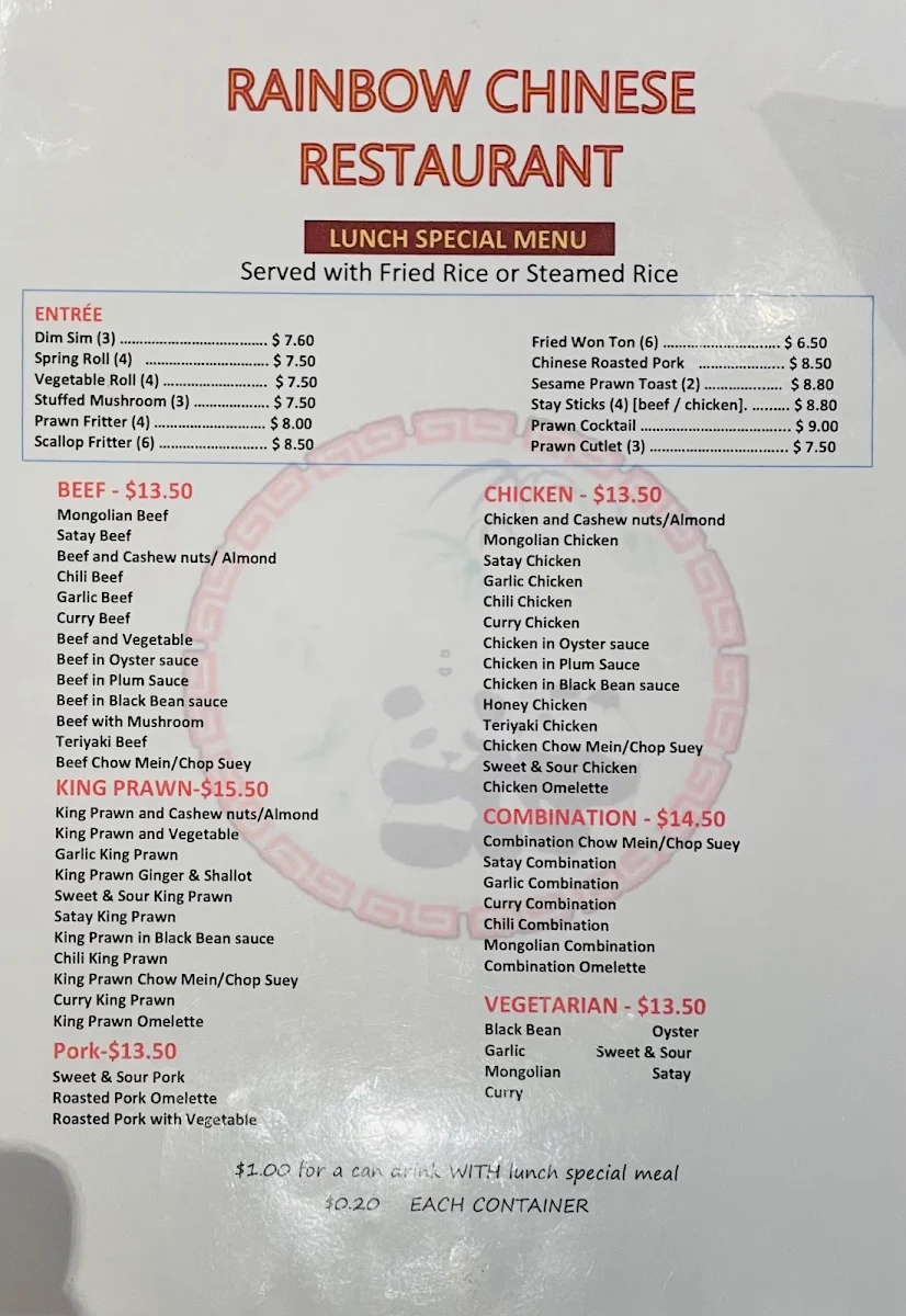Menu, Sale Rainbow Chinese Restaurant