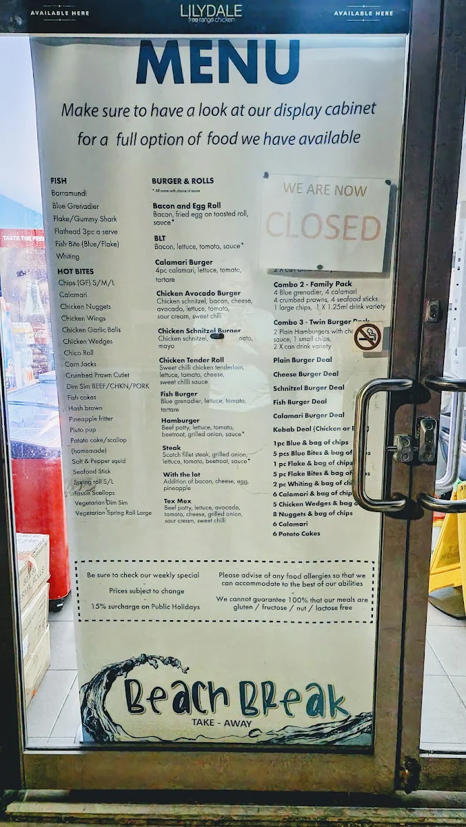 Menu, Beach Break Tathra