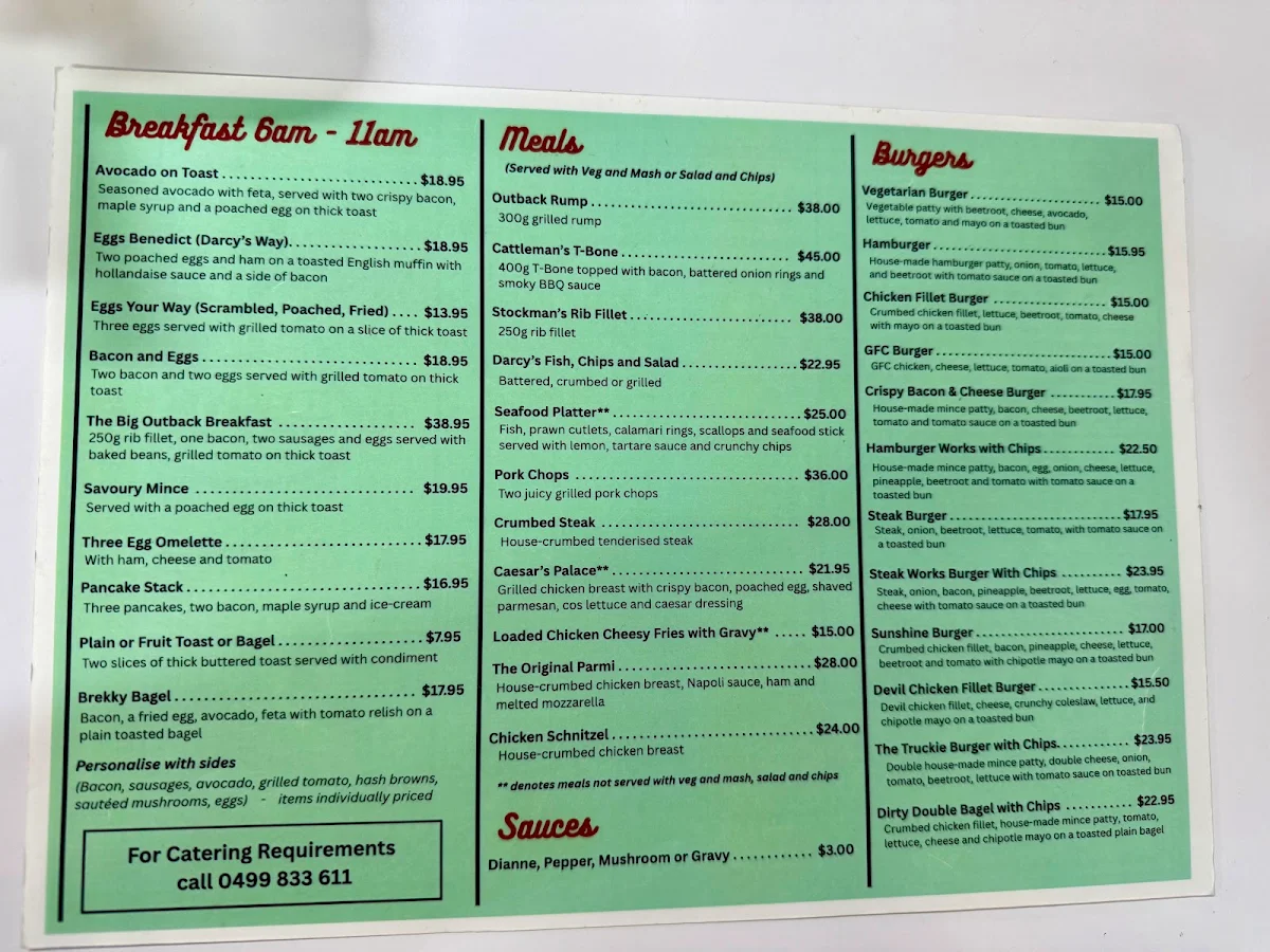 Menu, Darcy's Diner