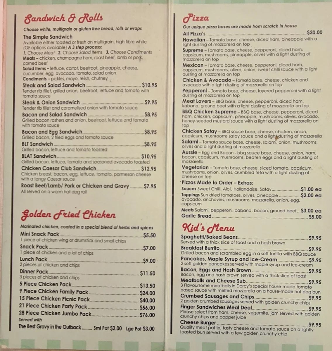 Menu, Darcy's Diner