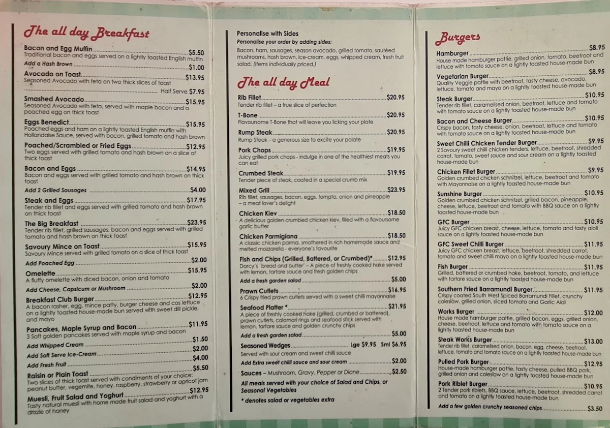 Menu, Darcy's Diner