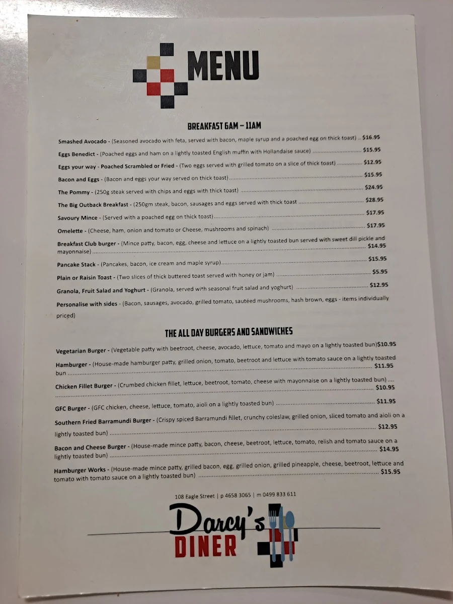 Menu, Darcy's Diner